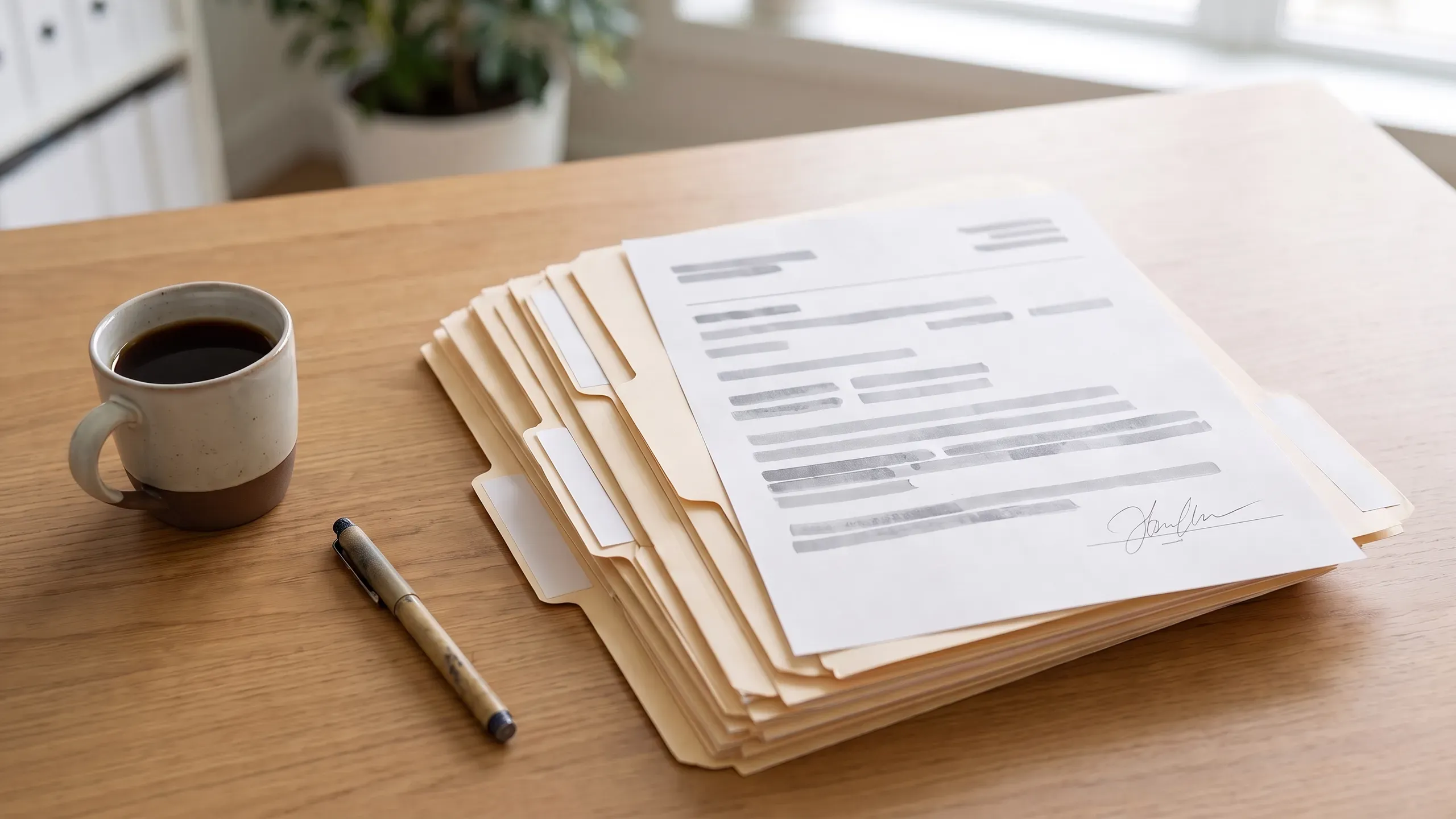 A stack of manila vendor packet folders with a signed form on top, a pen and a coffee cup on a desk.