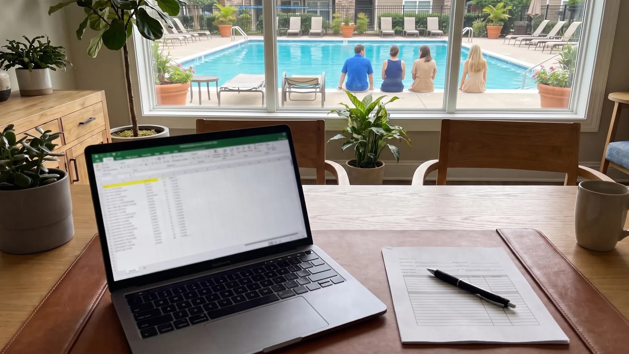A clubhouse office desk with a laptop showing a blurred invoice list and a printed invoice with a pen, a window onto the pool, nobody at the desk.