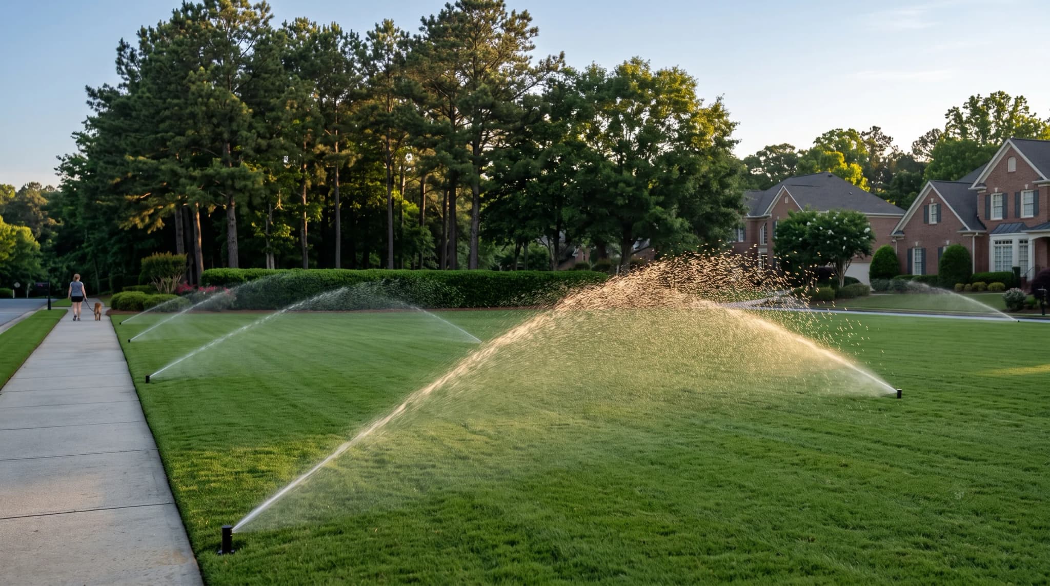 An irrigation zone running along a planted community curb strip, water arcing over turf and shrubs.