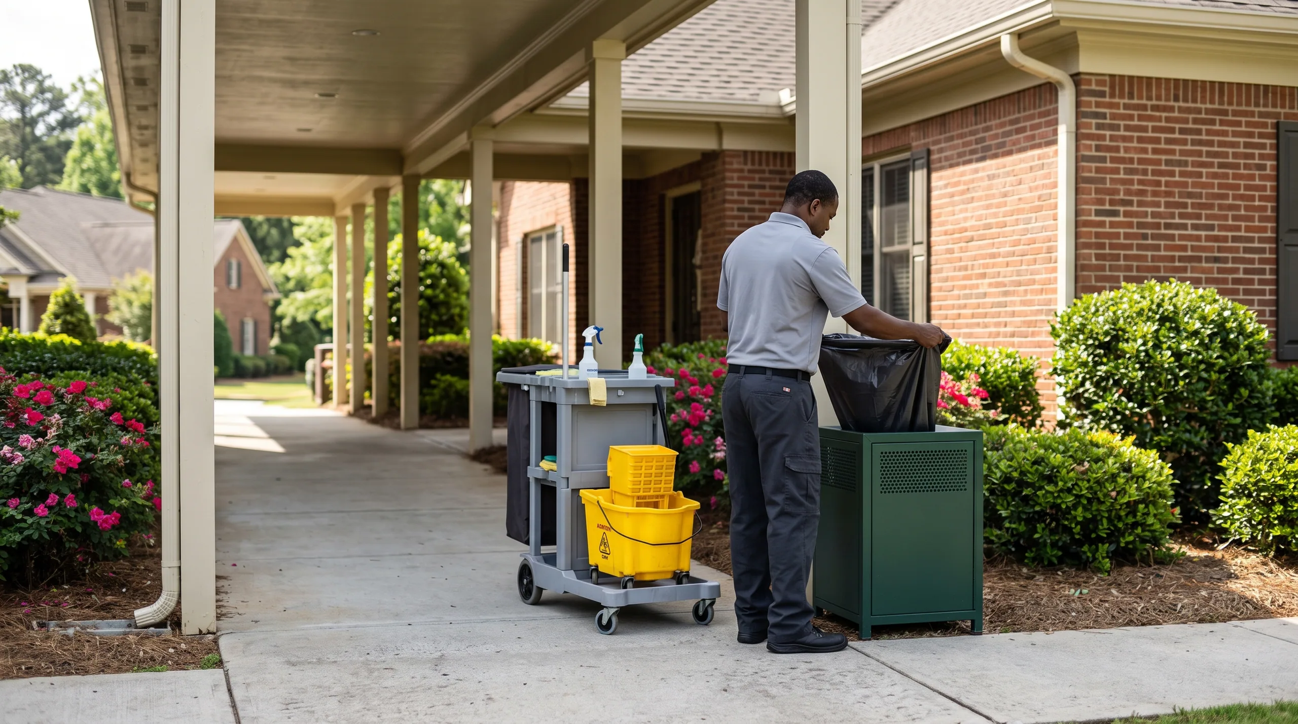 A porter in a grey polo emptying a common-area waste bin into a wheeled cart on a community walkway, face turned down to the work.