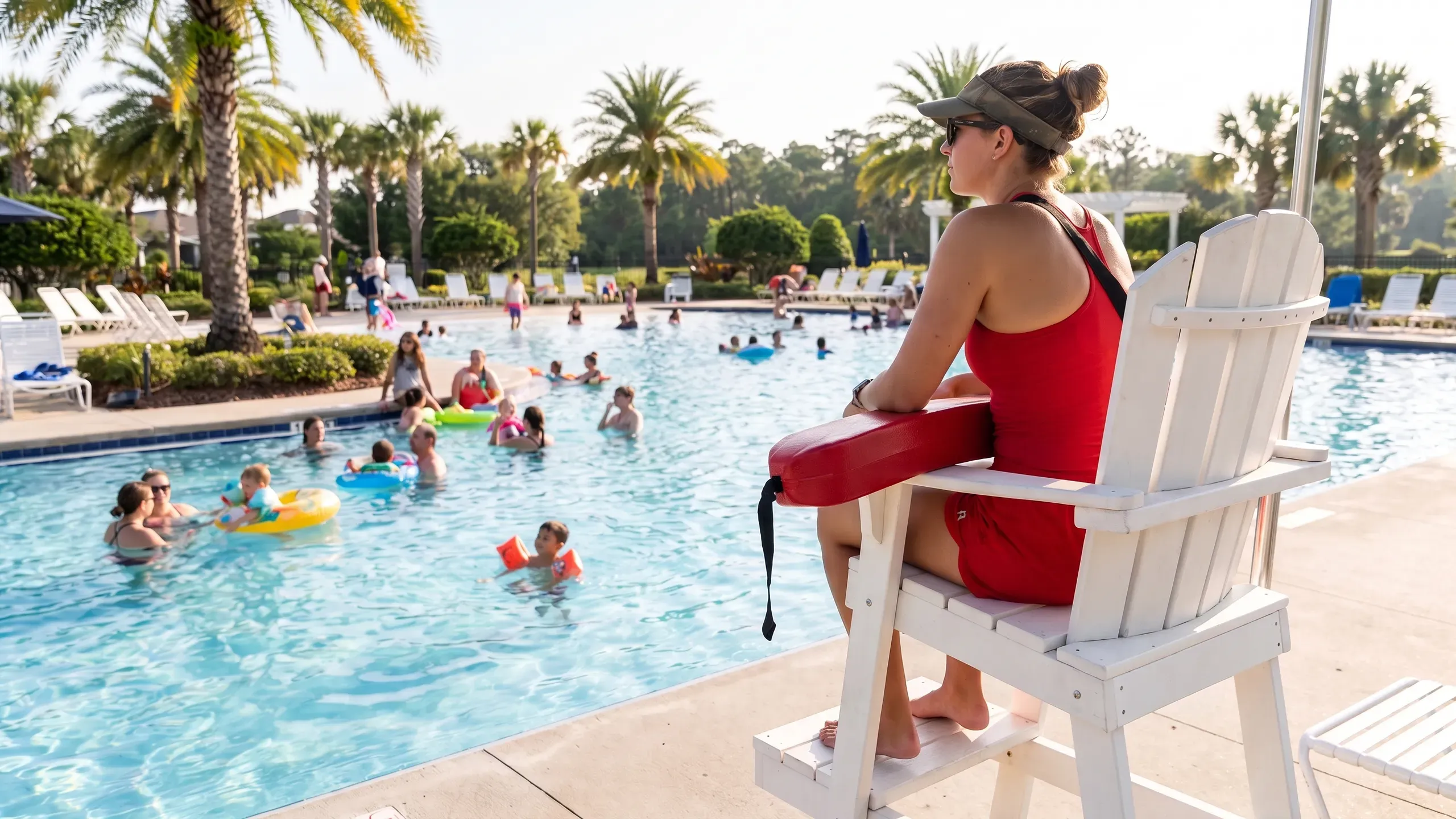 A lifeguard in a visor and red swimsuit sits on a white lifeguard stand with a rescue tube, watching swimmers and children with floats in a clear blue community pool.