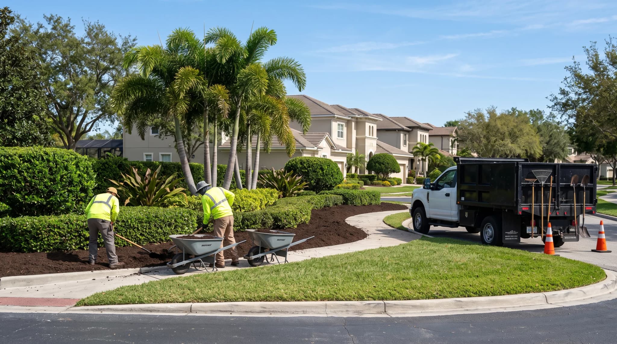 Landscaping technicians mulching a planted island in a community roundabout, cones set out and a dump-bed truck alongside.