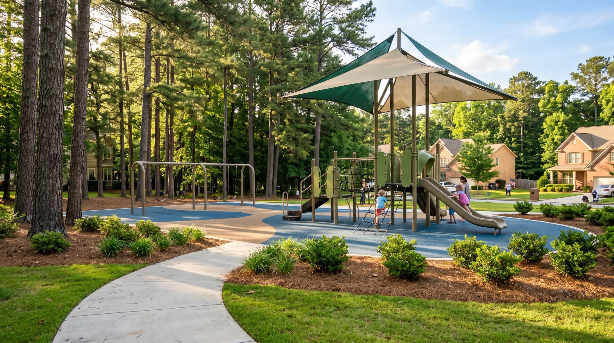 A shaded community playground: a climbing structure and swings on poured surfacing, children playing at a distance.