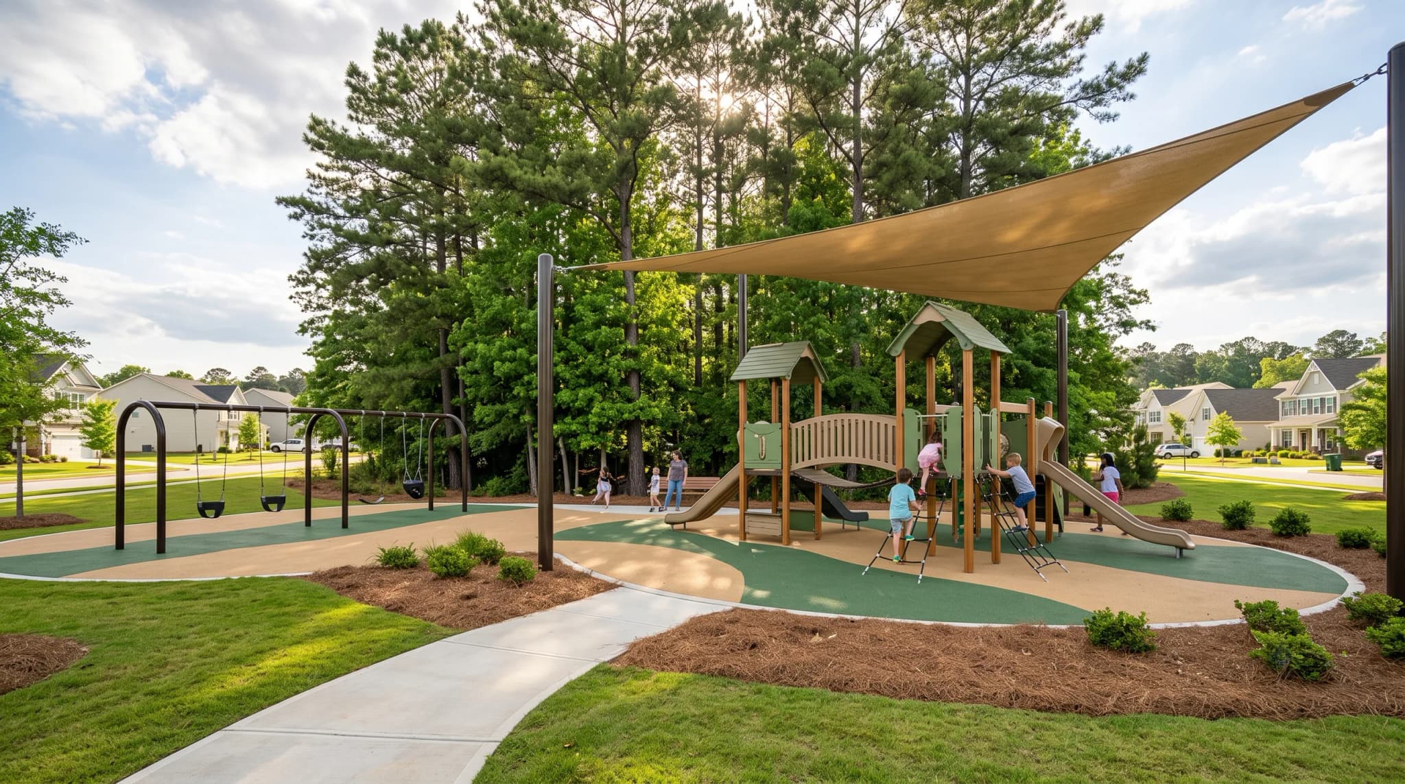 A community playground under a shade sail, backing onto pines, with homes along the far street.