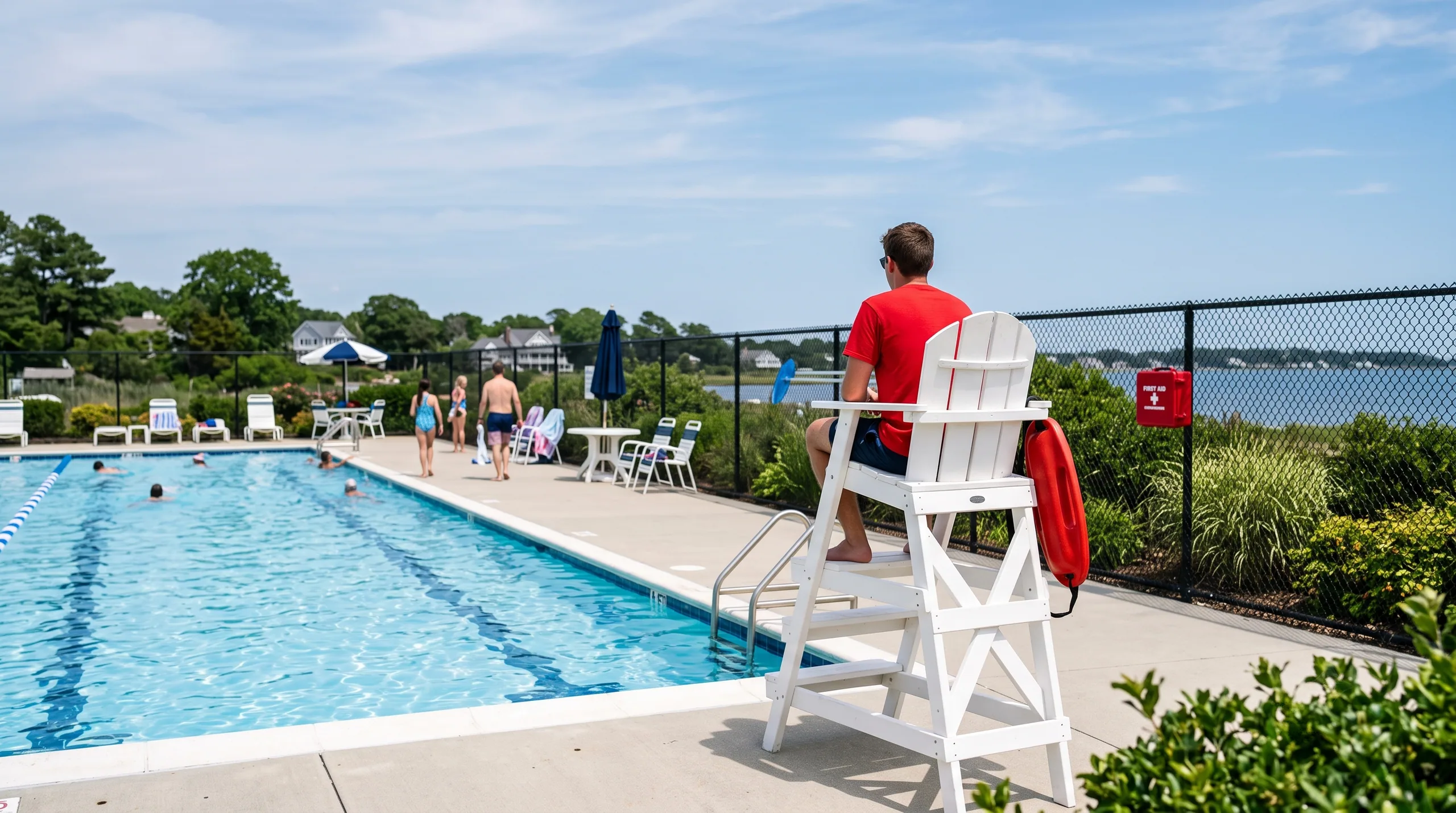A lifeguard on an elevated chair watching a community lap pool, seen from behind, rescue tube on the arm rest.