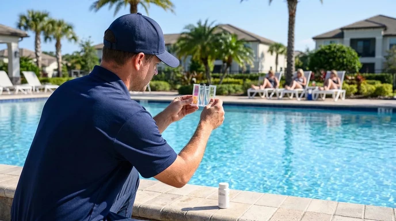 A pool technician in a navy polo and cap crouches at the pool edge, holding a plastic comparator test kit up to read a water sample, with a test-strip bottle beside him.