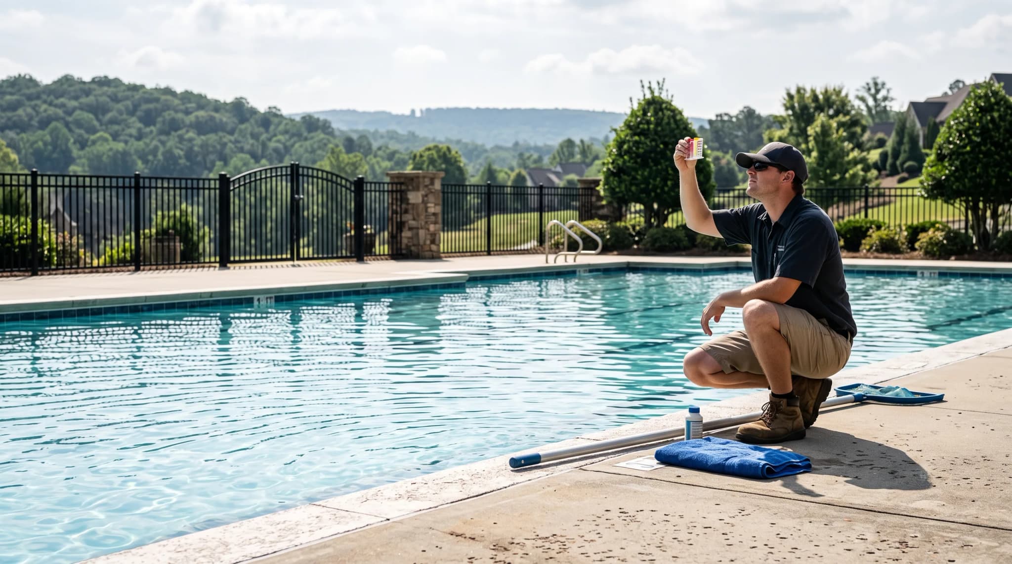 A pool technician kneeling on a pool deck reading a test comparator against the sky, skimmer net and towel laid out beside him.
