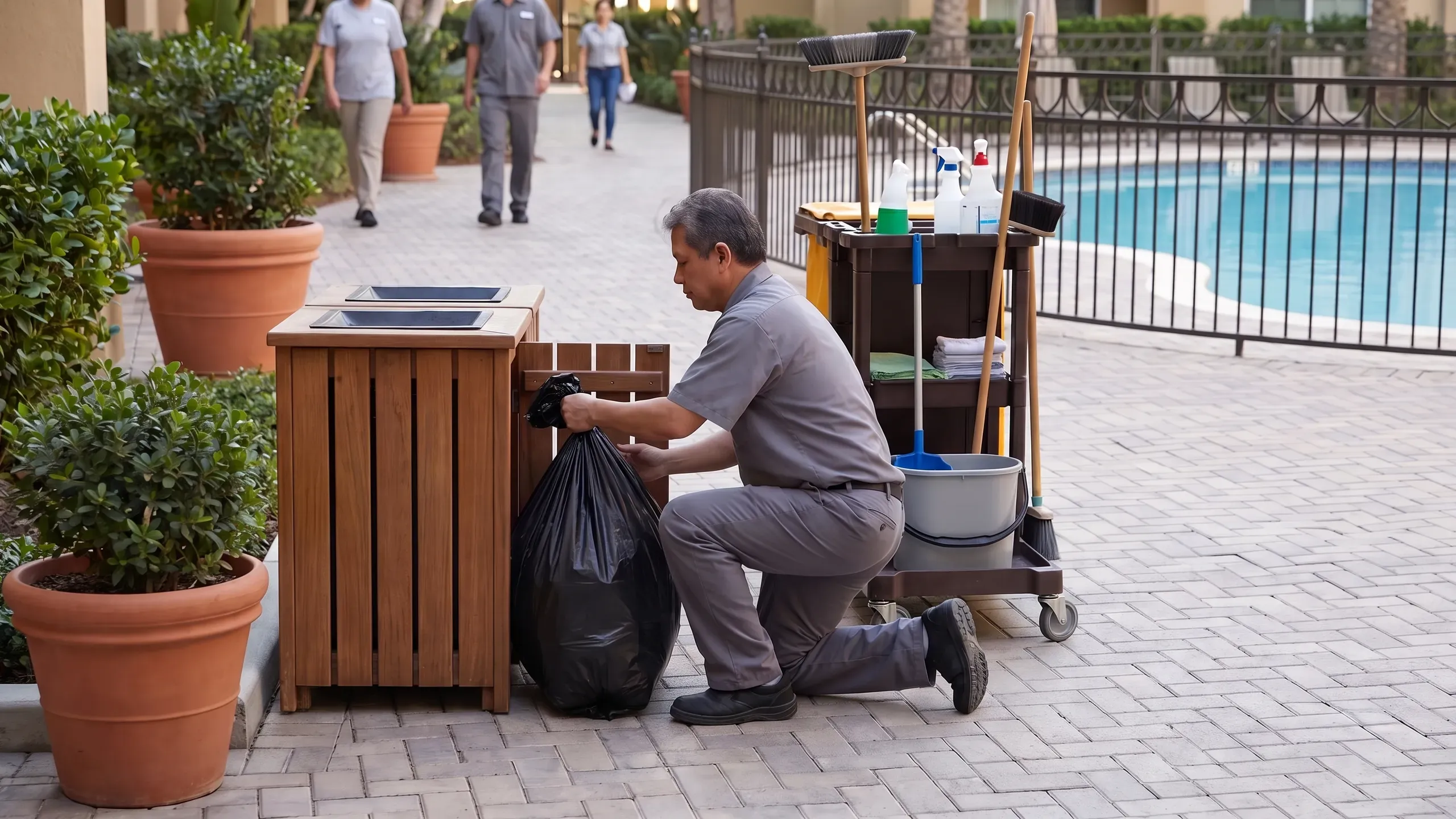 A day porter in a plain grey uniform bags a common-area bin beside a clubhouse walkway, a supply cart and a pool fence behind him, clean pavers and planters.