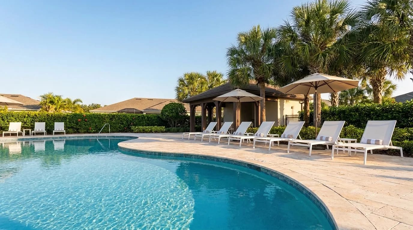 A resort-style community pool with clear blue water, a curved travertine deck, white loungers, umbrellas and a pavilion under palms, with no people.