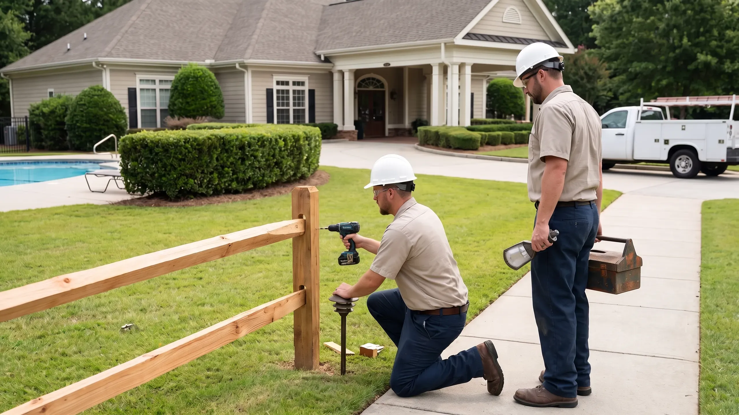 Two maintenance workers repair a wooden fence rail beside a community clubhouse walkway, one kneeling with a cordless drill and one holding a lamp head and a toolbox.