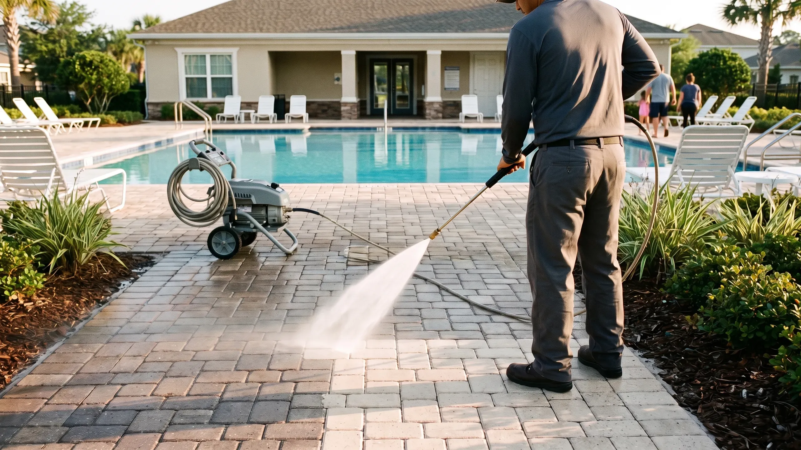 A technician pressure washes the paver walkway beside a community pool deck, leaving a clean stripe beside the unwashed pavers.
