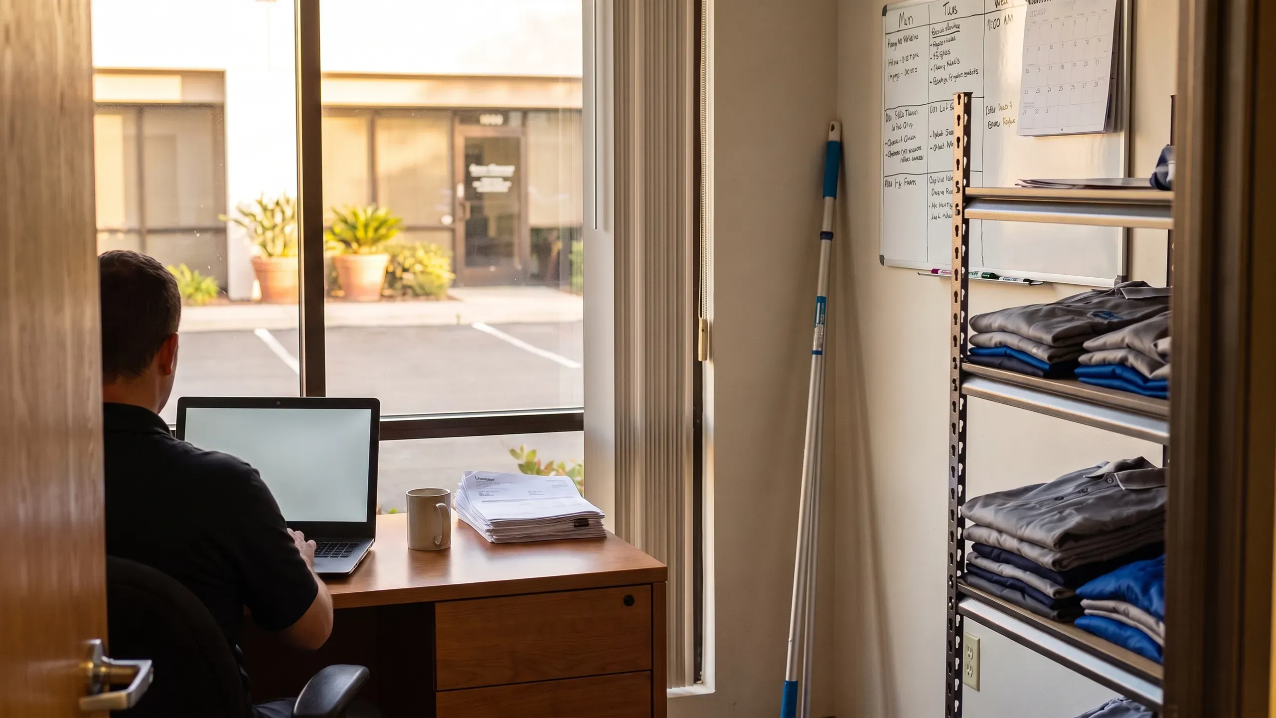 A service-company office seen from behind: a laptop with a spreadsheet, a stack of invoices and a coffee, a blurred weekly route board, a pool pole and folded uniforms on a shelf.