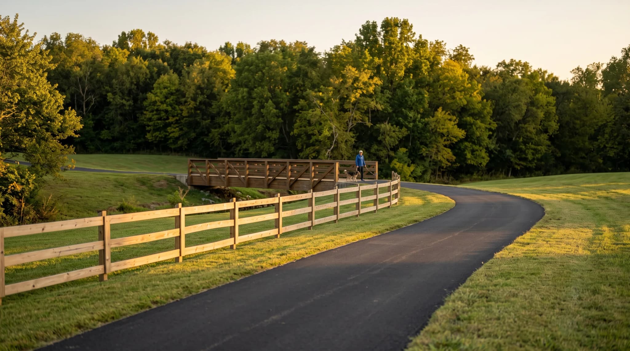 A paved community trail curving past a split-rail fence to a timber footbridge, a resident walking a dog on the bridge.